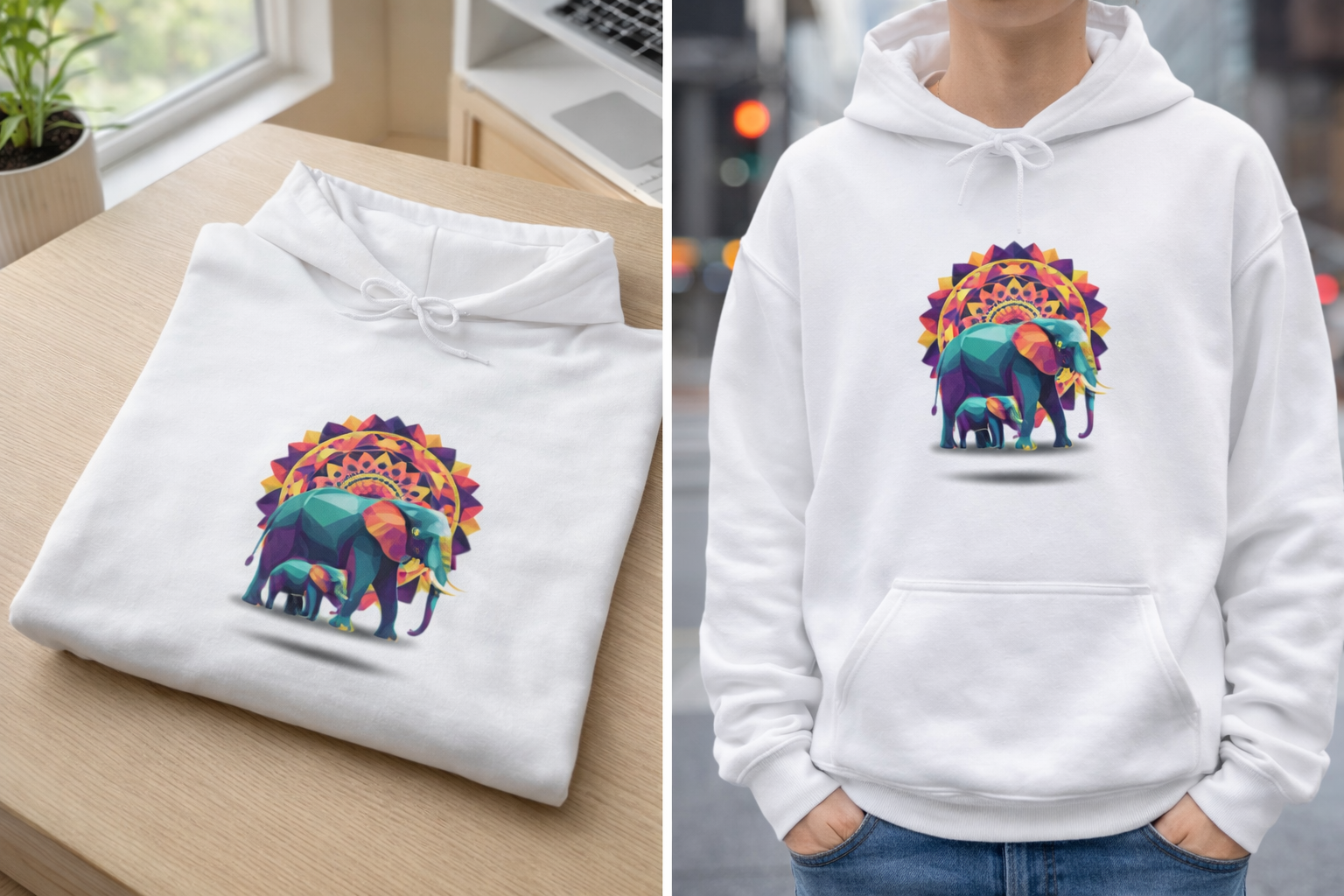 Elephant and Baby Mandala Effect Hooded Sweatshirt